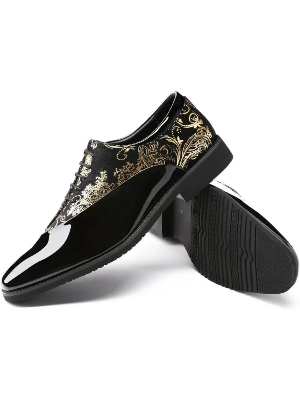 Men's Black Gold Elegant Rubber Sole Lace Up Patent Velvet Tuxedo Oxford Shoes